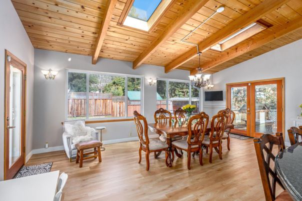 Chandelier, Dining room, Interior, Wooden Beams, Wooden Ceilings, Wood Texture Flooring