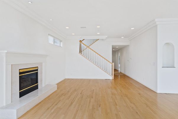 Fireplace, Interior, Recessed Lighting, Wood Texture Flooring