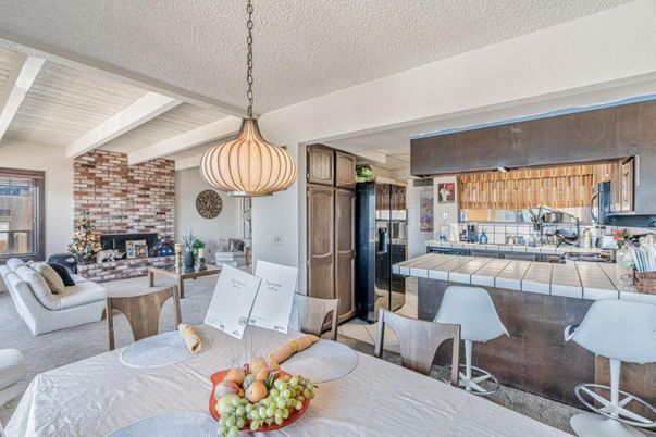 Dining room, Fireplace, Interior, Kitchen, Living room, Pendant Lights, Stone Walls