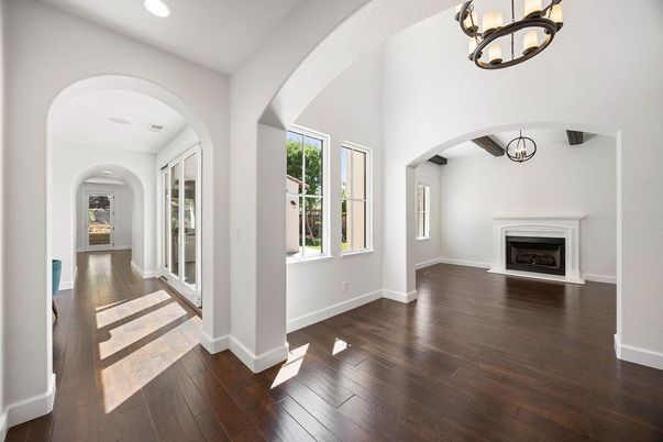 Empty room, Fireplace, Interior, Recessed Lighting, Wooden Beams, Wood Texture Flooring