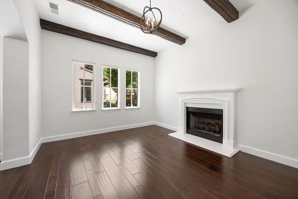 Empty room, Fireplace, Interior, Pendant Lights, Wooden Beams, Wood Texture Flooring