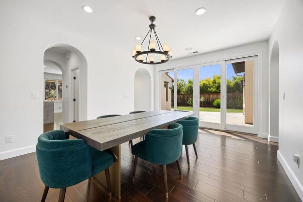Dining room, Interior, Pendant Lights, Recessed Lighting, Wood Texture Flooring