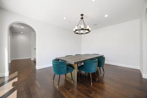 Chandelier, Dining room, Interior, Recessed Lighting, Wood Texture Flooring