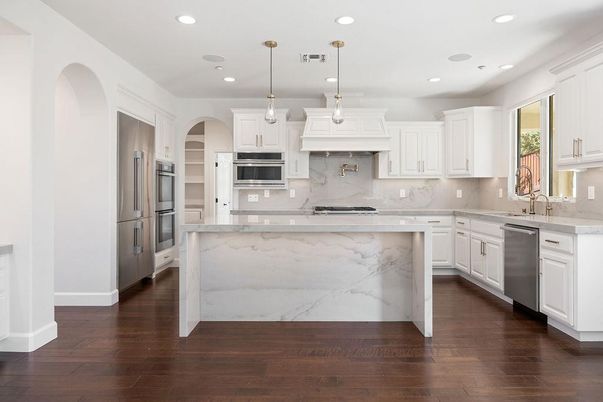Interior, Kitchen, Marble Walls, Pendant Lights, Recessed Lighting, Stainless Steel Appliances, Wood Texture Flooring