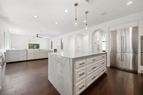 Interior, Kitchen, Living room, Pendant Lights, Recessed Lighting, Stainless Steel Appliances, Wood Texture Flooring