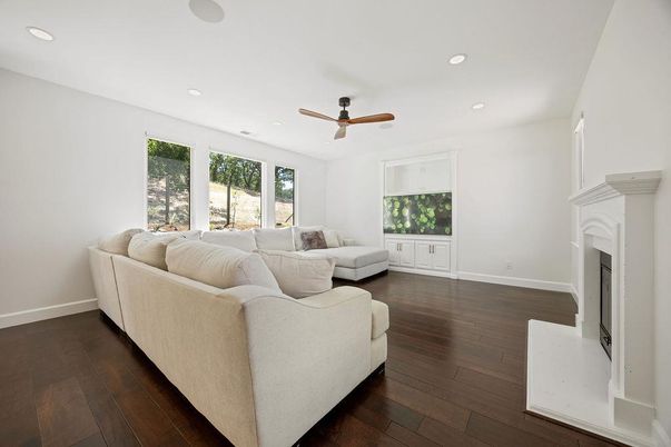 Fireplace, Interior, Living room, Recessed Lighting, Wood Texture Flooring