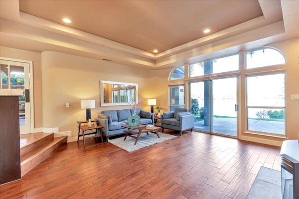 Fireplace, Interior, Living room, Recessed Lighting, Wood Texture Flooring