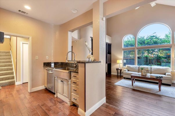 Interior, Kitchen, Living room, Recessed Lighting, Wood Texture Flooring