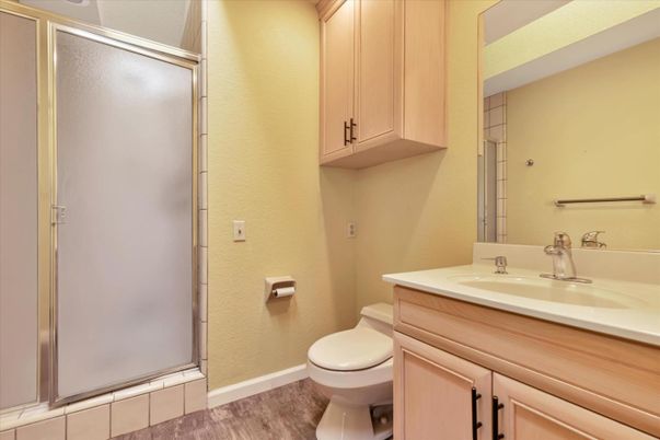 Bathroom, Glass Shower, Interior, Wood Texture Flooring