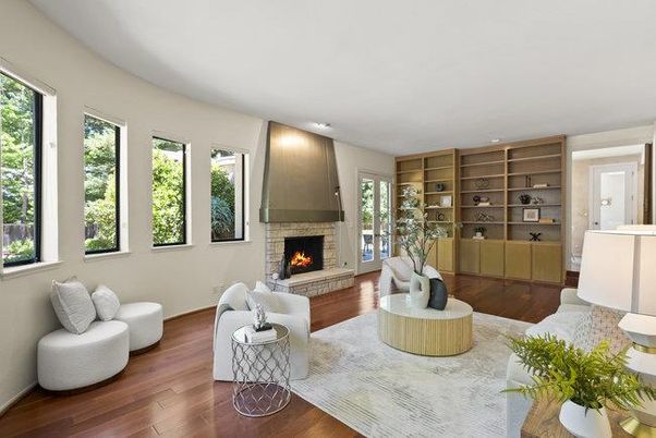 Fireplace, Interior, Living room, Recessed Lighting, Wood Texture Flooring