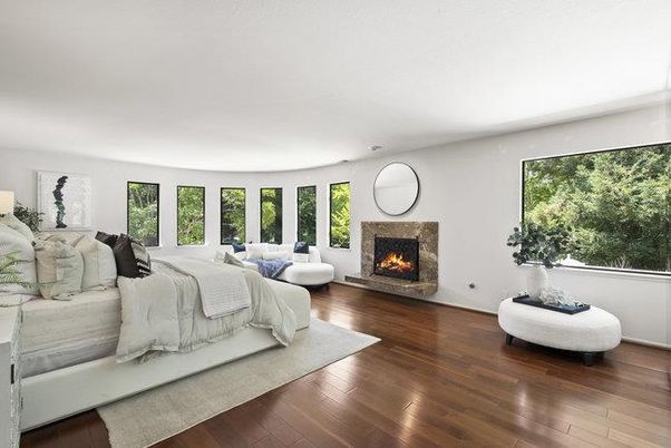 Bedroom, Fireplace, Interior, Wood Texture Flooring