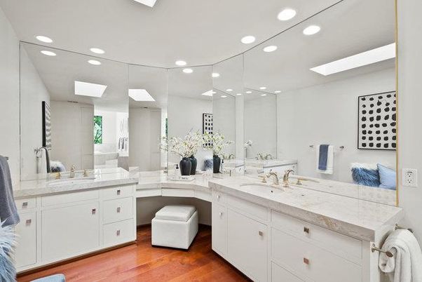 Bathroom, Dual Sink Vanities, Interior, Recessed Lighting, Wood Texture Flooring