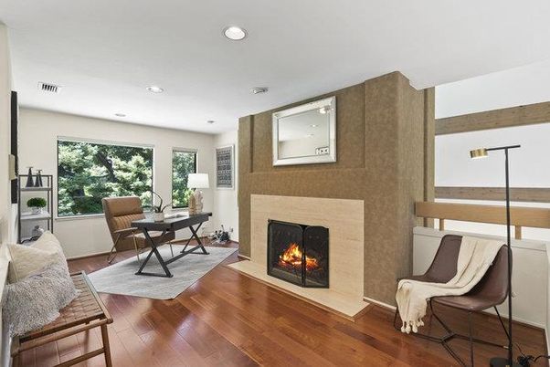 Fireplace, Home Office, Interior, Recessed Lighting, Wood Texture Flooring