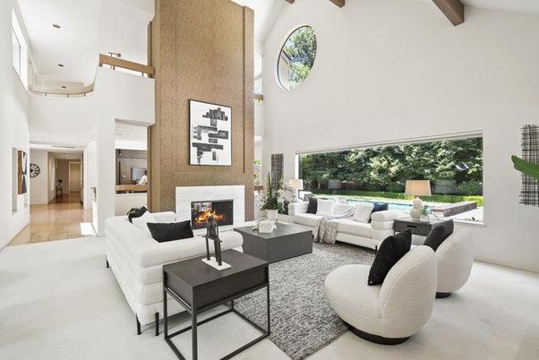 Fireplace, Interior, Living room, Recessed Lighting, Wooden Beams, Wood Texture Flooring