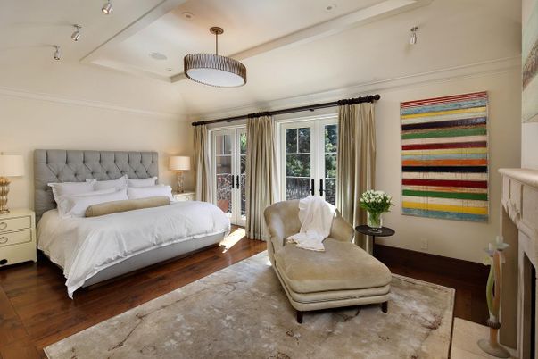 Bedroom, Fireplace, Interior, Pendant Lights, Wood Texture Flooring