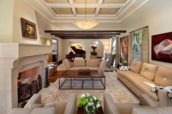 Fireplace, Interior, Living room, Pendant Lights, Piano, Recessed Lighting, Wood Texture Flooring