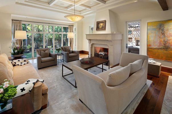 Fireplace, Interior, Living room, Pendant Lights, Recessed Lighting, Wood Texture Flooring