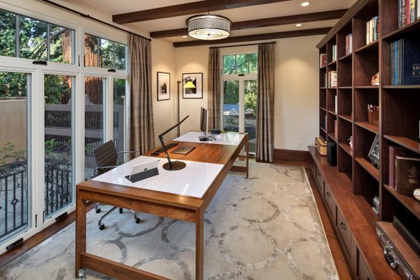 Home Office, Interior, Recessed Lighting, Wooden Beams, Wood Texture Flooring