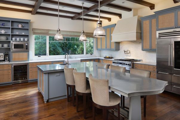 Interior, Kitchen, Pendant Lights, Recessed Lighting, Stainless Steel Appliances, Wooden Beams, Wood Texture Flooring