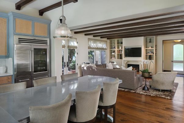 Dining room, Fireplace, Interior, Living room, Pendant Lights, Wooden Beams, Wood Texture Flooring