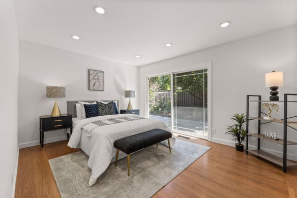 Bedroom, Interior, Recessed Lighting, Wood Texture Flooring