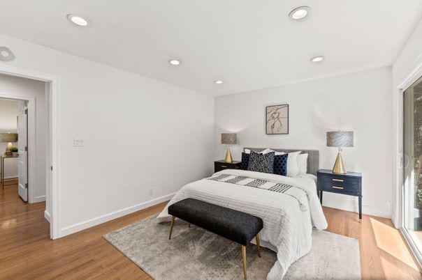 Bedroom, Interior, Recessed Lighting, Wood Texture Flooring