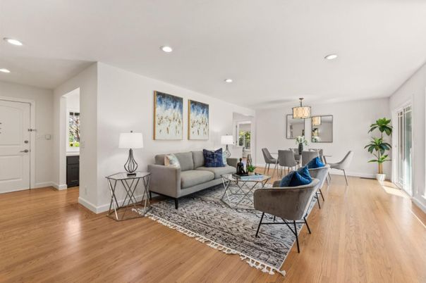Dining room, Interior, Living room, Recessed Lighting, Wood Texture Flooring
