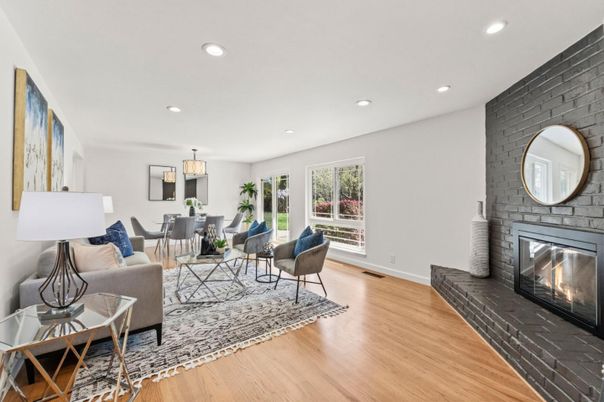 Dining room, Fireplace, Interior, Living room, Pendant Lights, Recessed Lighting, Stone Walls, Wood Texture Flooring