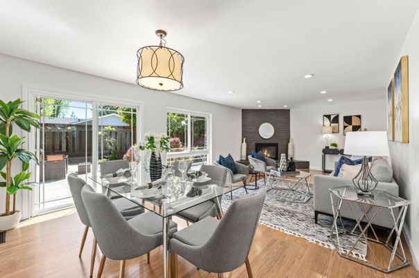 Dining room, Fireplace, Interior, Living room, Recessed Lighting, Wood Texture Flooring