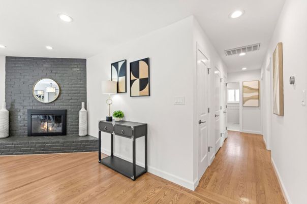 Fireplace, Interior, Recessed Lighting, Stone Walls, Wood Texture Flooring