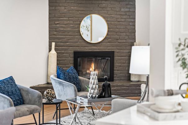 Fireplace, Interior, Living room, Stone Walls, Wood Texture Flooring
