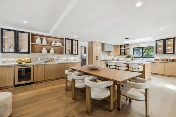Dining room, Interior, Kitchen, Pendant Lights, Recessed Lighting, Stainless Steel Appliances, Wood Texture Flooring
