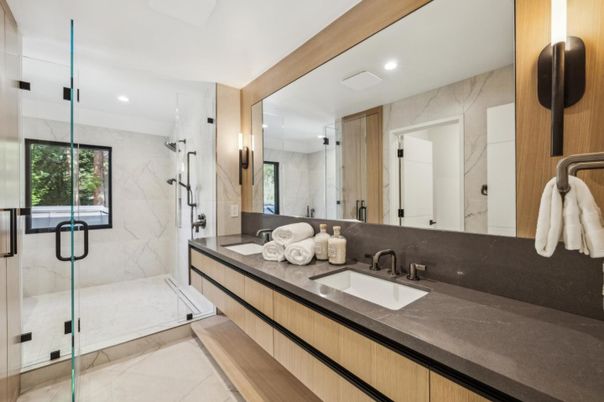 Bathroom, Dual Sink Vanities, Glass Shower, Interior, Marble Walls, Recessed Lighting