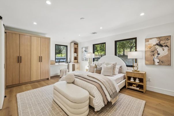 Bedroom, Interior, Recessed Lighting, Wood Texture Flooring