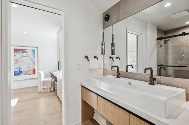 Bathroom, Glass Shower, Interior, Recessed Lighting, Wood Texture Flooring