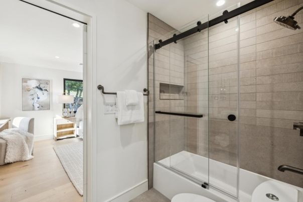 Bathroom, Glass Shower, Interior, Recessed Lighting, Wood Texture Flooring