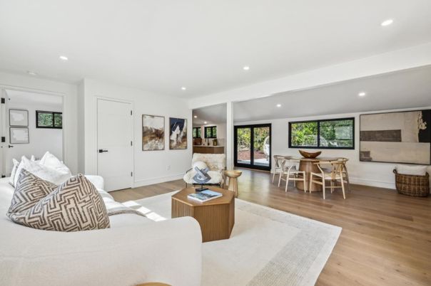 Dining room, Interior, Living room, Recessed Lighting, Wood Texture Flooring