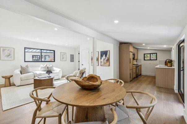 Dining room, Interior, Living room, Recessed Lighting, Wood Texture Flooring