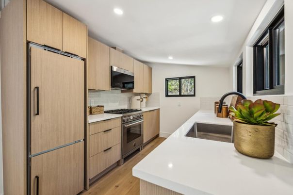 Interior, Kitchen, Recessed Lighting, Stainless Steel Appliances, Wood Texture Flooring