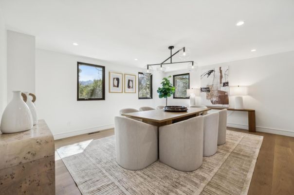 Dining room, Interior, Pendant Lights, Recessed Lighting, Wood Texture Flooring