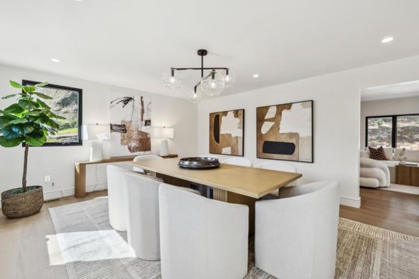 Dining room, Interior, Living room, Recessed Lighting, Wood Texture Flooring
