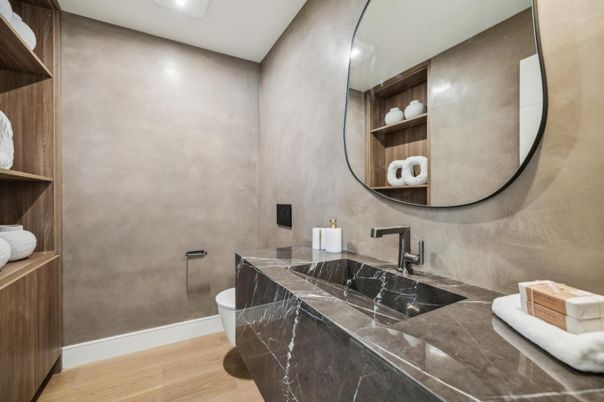 Bathroom, Interior, Recessed Lighting, Wood Texture Flooring