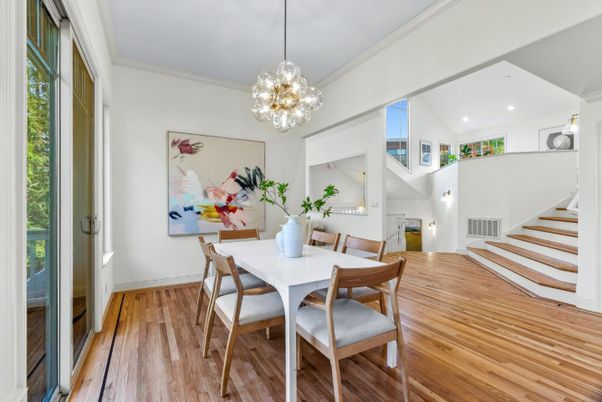 Dining room, Interior, Pendant Lights, Recessed Lighting, Wood Texture Flooring