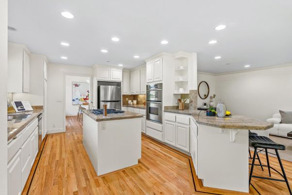 Interior, Kitchen, Recessed Lighting, Stainless Steel Appliances, Wood Texture Flooring