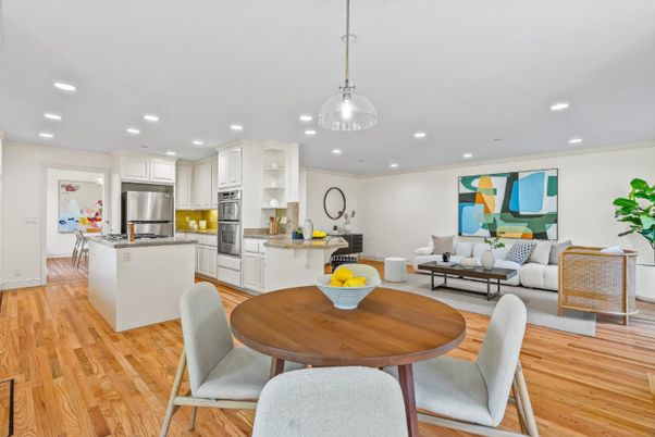 Dining room, Interior, Kitchen, Living room, Pendant Lights, Recessed Lighting, Stainless Steel Appliances, Wood Texture Flooring