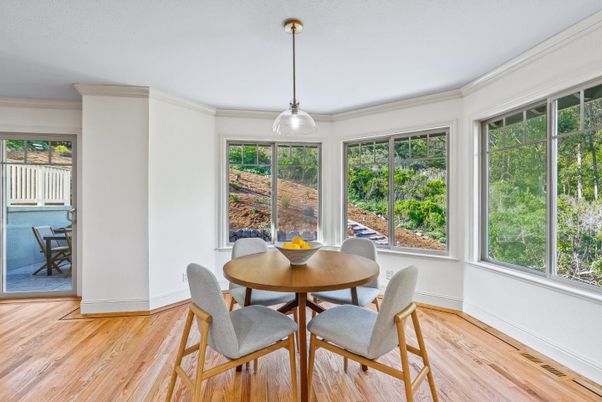 Dining room, Interior, Pendant Lights, Wood Texture Flooring