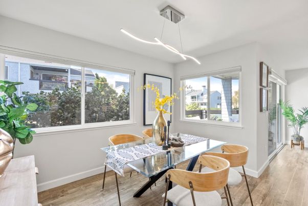 Dining room, Interior, Pendant Lights, Wood Texture Flooring