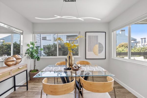 Dining room, Interior, Pendant Lights, Wood Texture Flooring