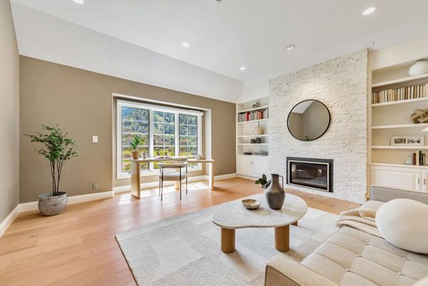 Fireplace, Home Office, Interior, Living room, Recessed Lighting, Stone Walls, Wood Texture Flooring