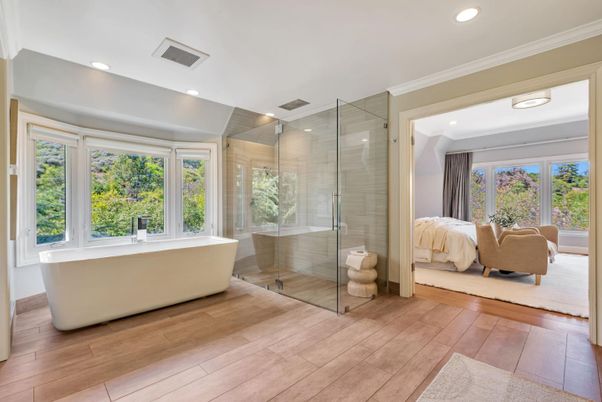 Bathroom, Bedroom, Free Standing Baths, Glass Shower, Interior, Recessed Lighting, Wood Texture Flooring